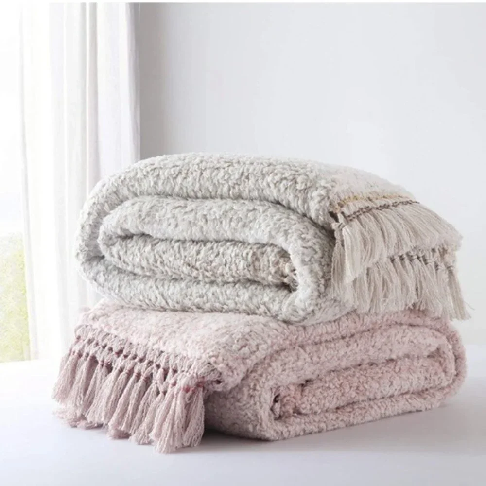 Light Cream Farmhouse Cozy Sherpa Bohemian Tassel Thick Throw Sofa/Bed Blanket